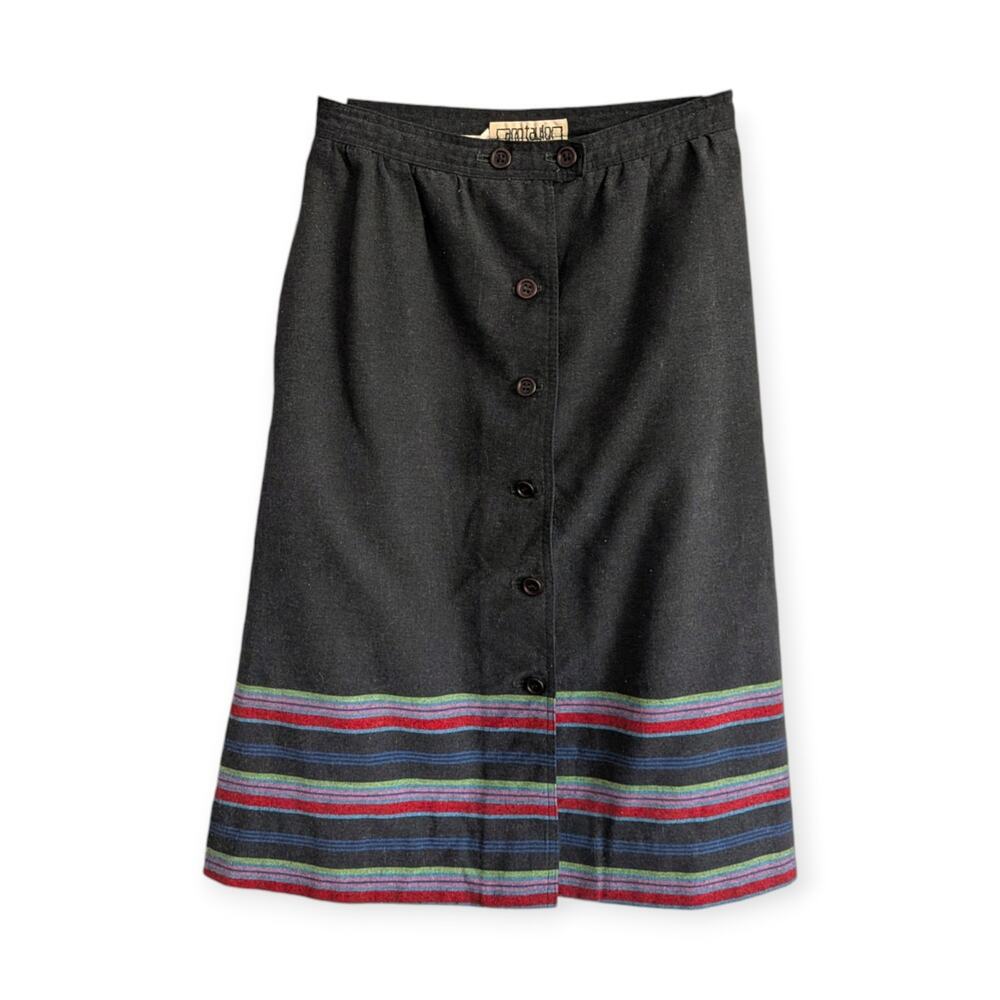 Vintage 60s Skirt ~ Rustic Boho Stripe Gray button front